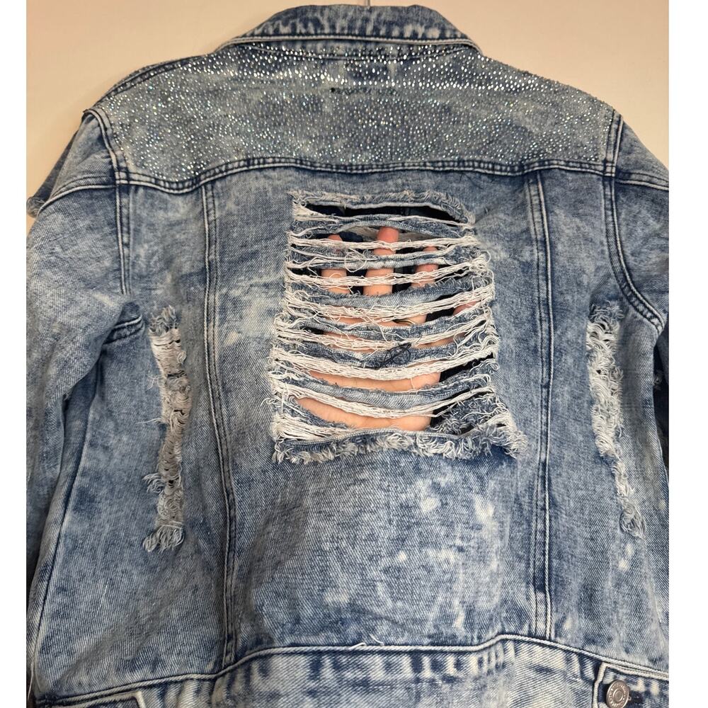 Thrill Jeans Denim Jacket Women's L Acid Wash Fringe Ripped Y2K Jean Distressed - Picture 6 of 7